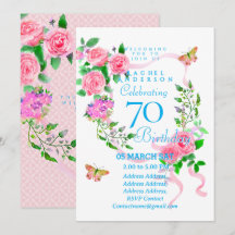 Pink Rose Ribbon 70th  Birthday Invitation