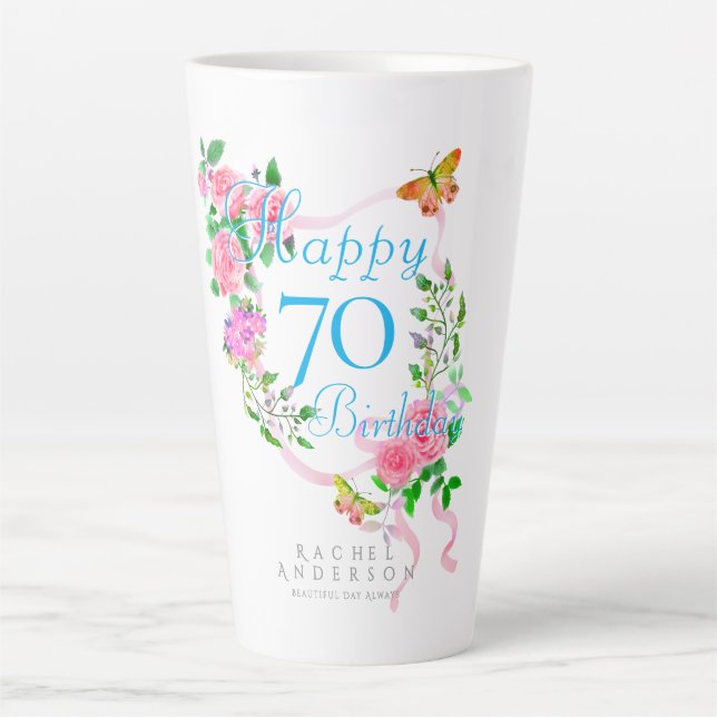 Pink Rose Ribbon 70th Birthday Latte Mug (Front)