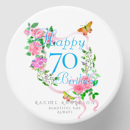 Pink Rose Ribbon 70th Birthday Mini Candle Favors