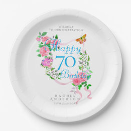 Pink Rose Ribbon 70th Birthday Paper Plates