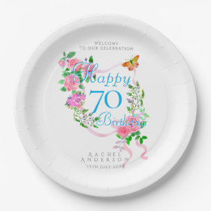 Pink Rose Ribbon 70th Birthday Paper Plates