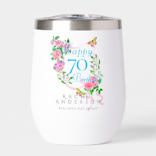 Pink Rose Ribbon 70th Birthday Thermal Wine Tumbler