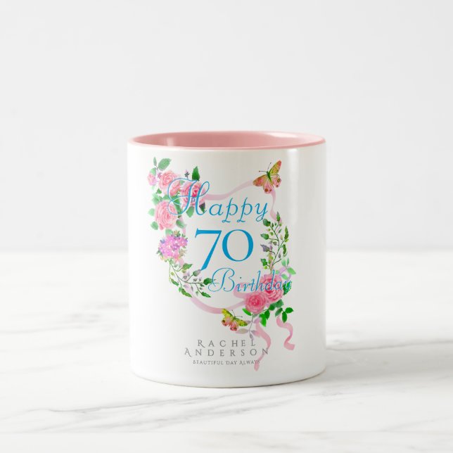 Pink Rose Ribbon 70th Birthday Two-Tone Coffee Mug (Center)