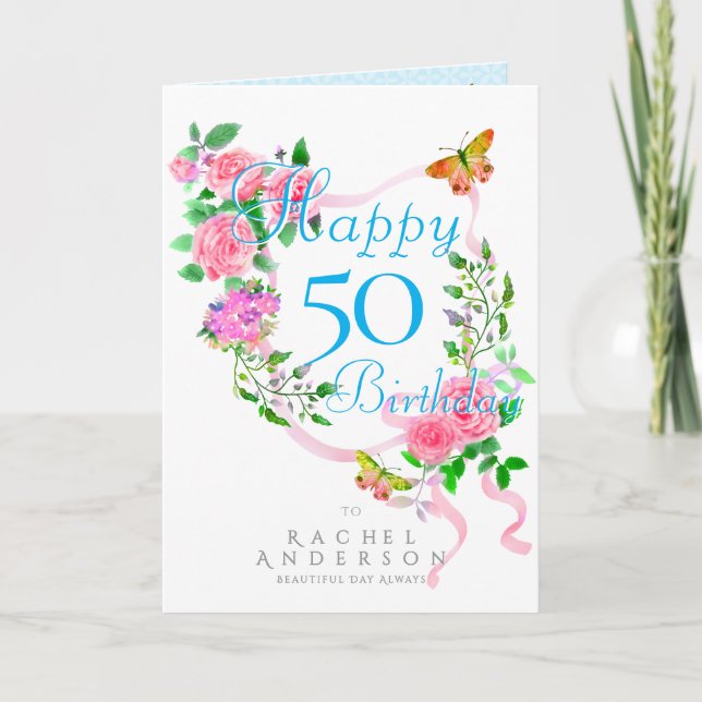 Pink Rose Ribbon Birthday Holiday Card (Front)