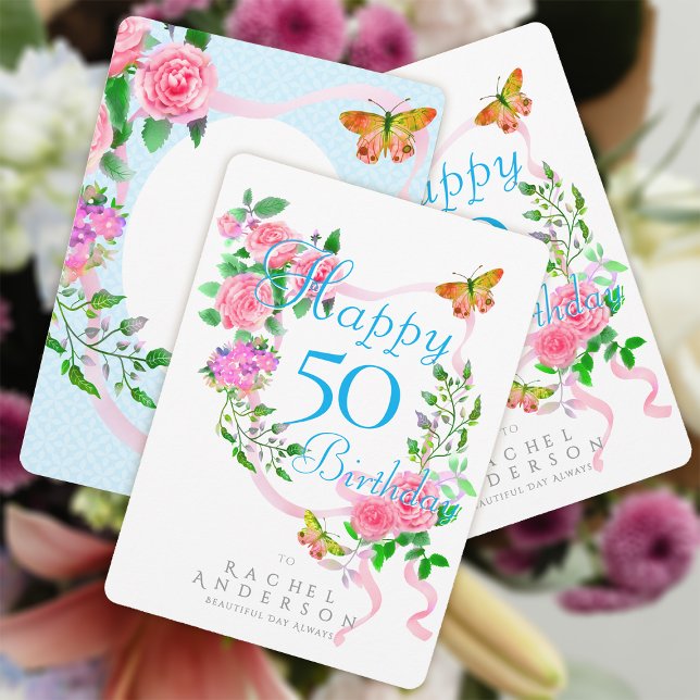 Pink Rose Ribbon Birthday Holiday Card (Chic Romantic Pink Rose Ribbon Happy Birthday Card.)