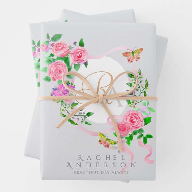 Pink Rose Ribbon Chic Monogram Grey Wrapping Paper Sheets (In situ)