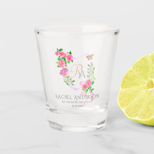 Pink Rose Ribbon Chic Monogram Shot Glass