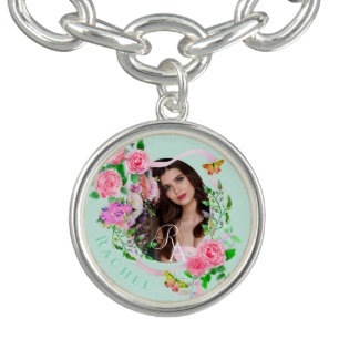 Pink Rose Ribbon Chic Photo Blue Bracelet