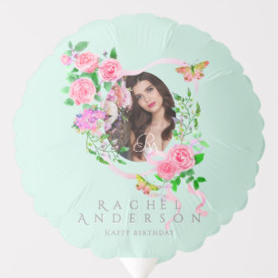 Pink Rose Ribbon Chic Photo Green Balloon
