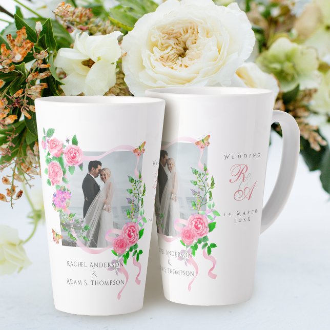 Pink Rose Ribbon Monogram Photo Wedding  Latte Mug (Romantic Wedding Pink Rose 
Photo Latte Mug.)