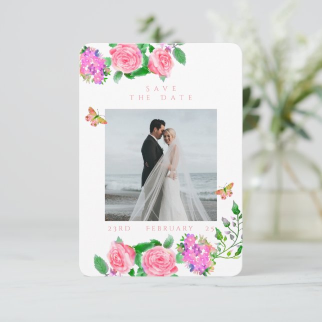 Pink Rose Ribbon Monogram Photo Wedding  Save The Date (Standing Front)