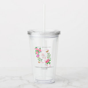 Pink Rose Ribbon Monogram Wedding  Acrylic Tumbler