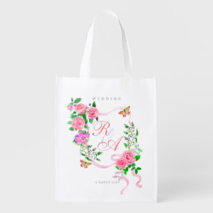 Pink Rose Ribbon Monogram Wedding Grocery Bag