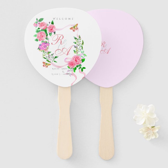 Pink Rose Ribbon Monogram Wedding  Hand Fan (Front and Back)