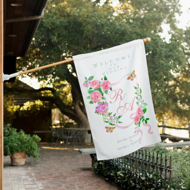 Pink Rose Ribbon Monogram Wedding  House Flag (In SItu)