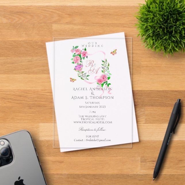 Pink Rose Ribbon Monogram Wedding  Invitation (Insitu (Invitation Card))