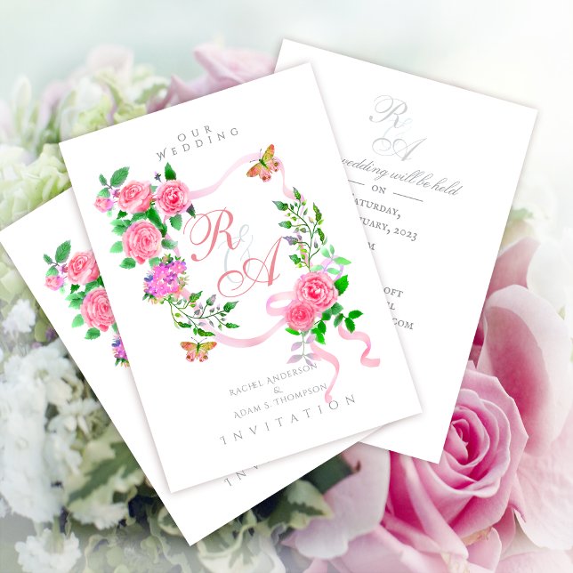 Pink Rose Ribbon Monogram Wedding Invitation (Elegant Pink Rose Ribbon Monogram Invitation Card.)