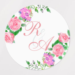 Pink Rose Ribbon Monogram Wedding Invitation Labels