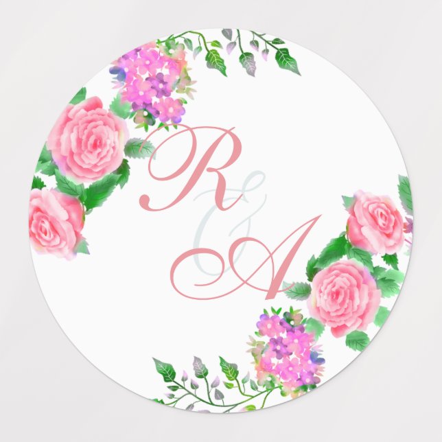 Pink Rose Ribbon Monogram Wedding Invitation Labels (Design 1)