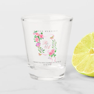 Pink Rose Ribbon Monogram Wedding  Shot Glass