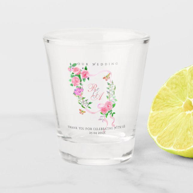 Pink Rose Ribbon Monogram Wedding  Shot Glass (Front)