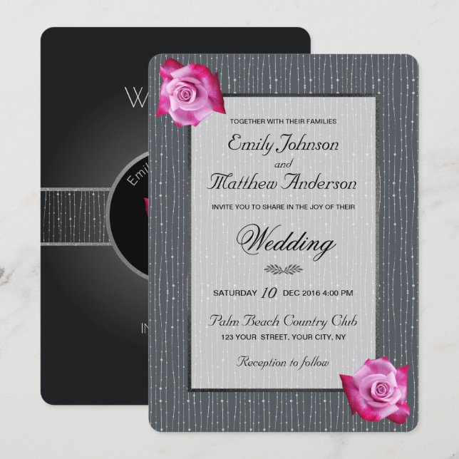 Pink Rose Ribbon Silver Glow Wedding Invitation (Front/Back)