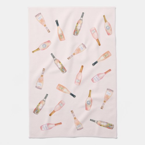 Pink ros rose wine bottle watercolor illustration kitchen towel