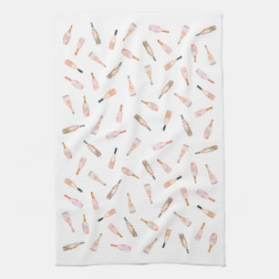 Pink rosé rose wine bottle watercolor illustration kitchen towel