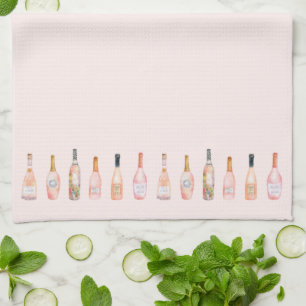 Pink rosé rose wine bottle watercolor illustration kitchen towel