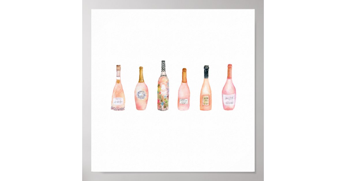 Pink rosé rose wine bottle watercolor illustration poster | Zazzle