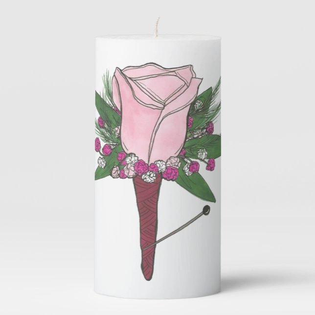 Pink Rose Rosebud Boutonniere Wedding Prom Bouquet Pillar Candle (Front)