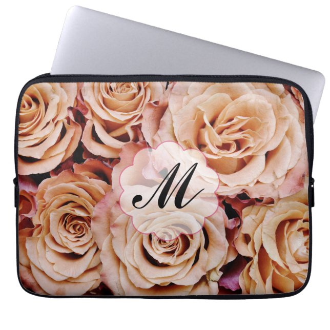 Pink Rose Roses Custom Monogram Laptop Sleeve (Front)