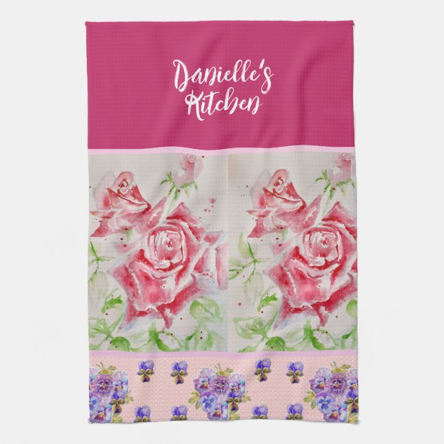 Pink Rose Roses Watercolor Customizable Kitchen Towel (Vertical)