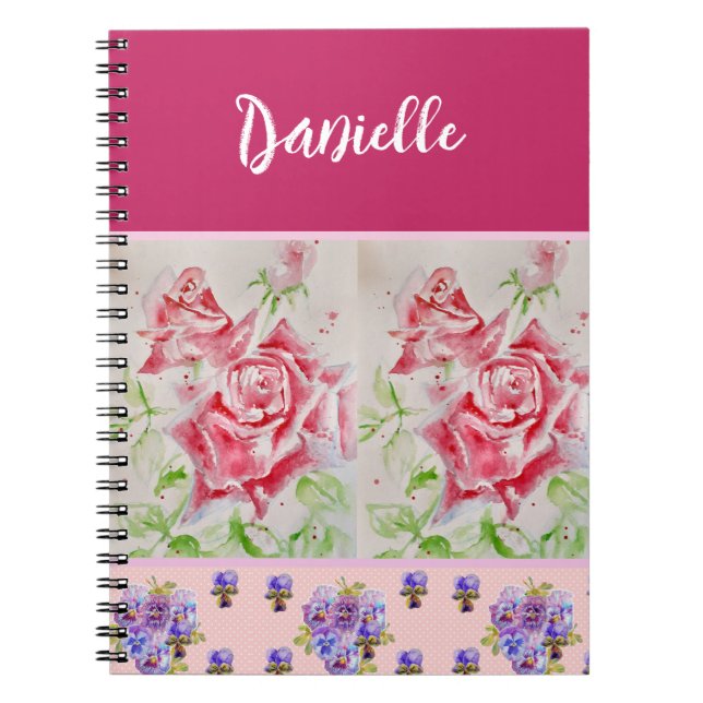 Pink Rose Roses Watercolor Customizable Notebook (Front)