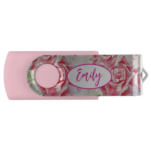 Pink Rose Roses Watercolor Flower Floral art Flash Drive
