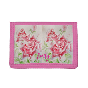 Pink Rose Roses Watercolor Flower Floral art Trifold Wallet