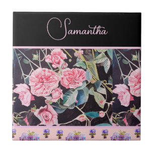 Pink Rose Roses Watercolor Vintage Customizable Ceramic Tile