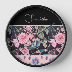Pink Rose Roses Watercolor Vintage Customizable Clock