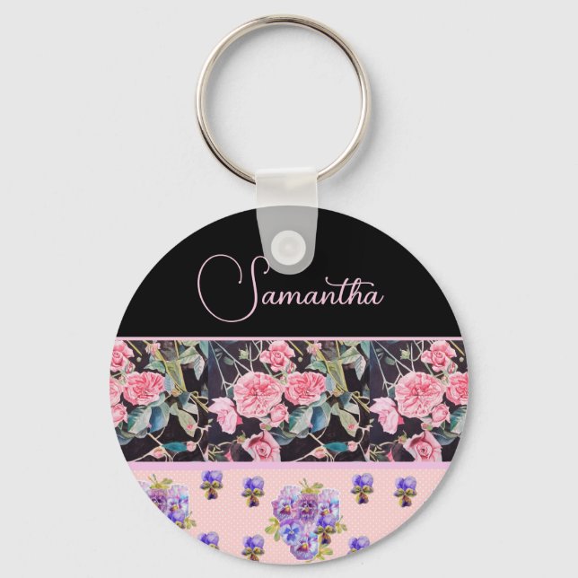 Pink Rose Roses Watercolor Vintage Customizable Keychain (Front)