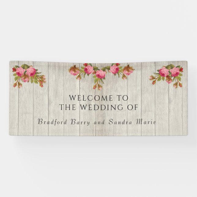  Pink Rose Rustic Wedding Gray Barn Wood  Banner (Horizontal)