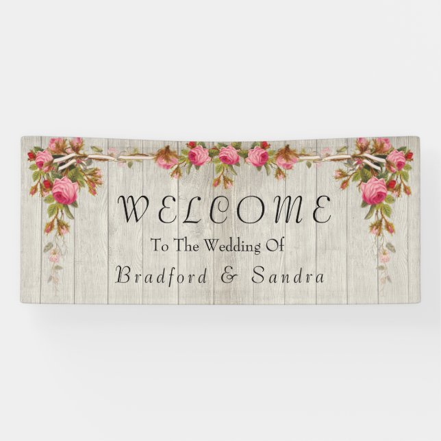  Pink Rose Rustic Wedding Gray Barn Wood  Banner (Horizontal)