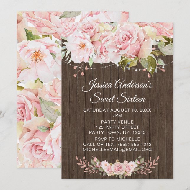 Pink Rose Rustic Wood Lights Sweet Sixteen Invitation (Front/Back)