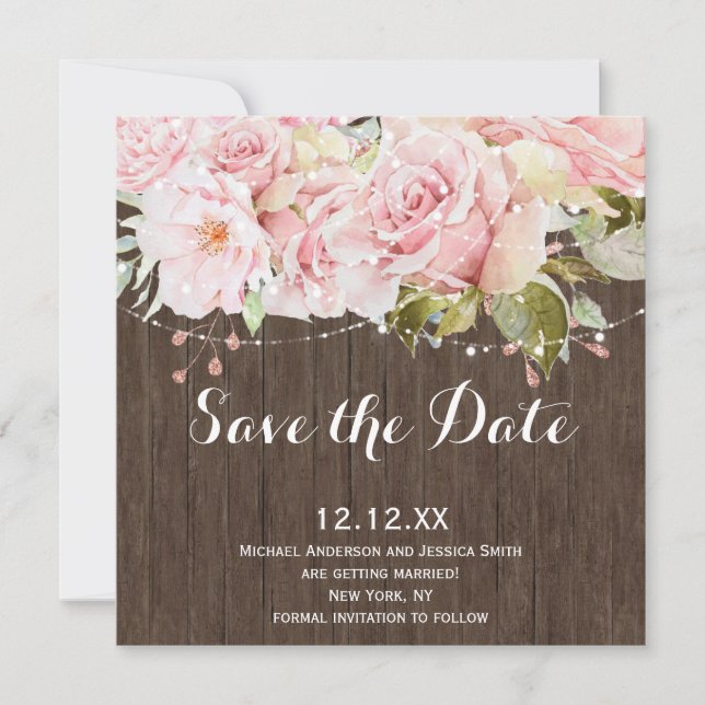 Pink Rose Rustic Wood String Lights Save the Date (Front)