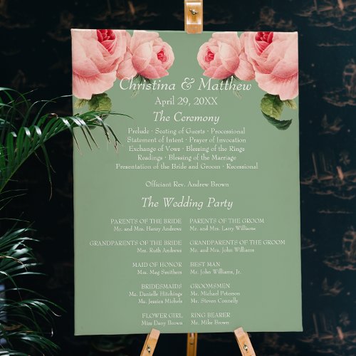 Pink Rose sage vintage Wedding Ceremony Program Poster