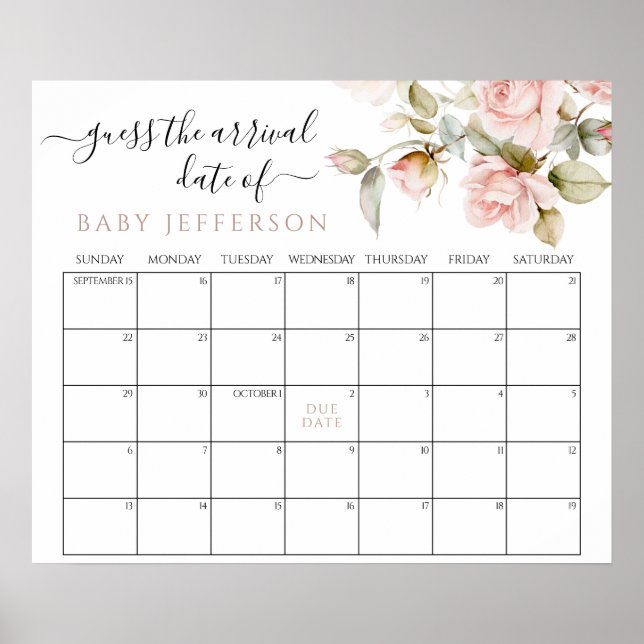 Pink Rose Shower Guess Due Date Calendar Poster (Front)