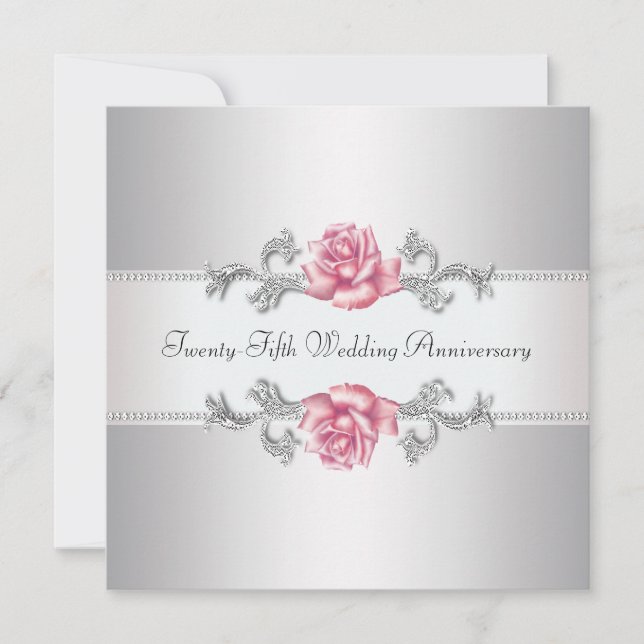 Pink Rose Silver 25th Wedding Anniversary Invitation (Front)