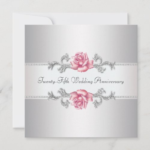 Pink Rose Silver 25th Wedding Anniversary Personalized Invite
