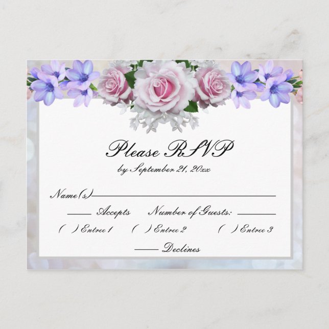 Pink Rose | Silver Bokeh Wedding Response Invitation Postcard (Front)
