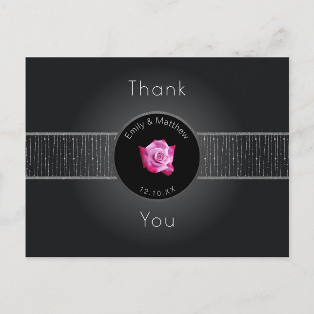 Pink Rose Silver Glow Ribbon Thank You Postcard (Front)