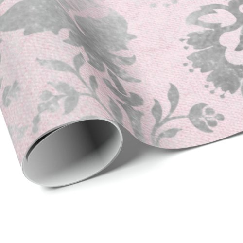 Pink Rose Silver Gray Floral Cottage Grung Damask Wrapping Paper
